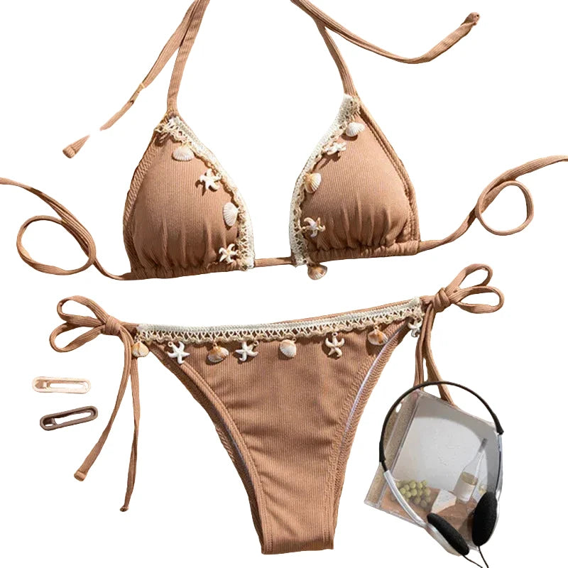 Ribbed Earthy Brown Triangle Bikini with Seashell and Lace Trim