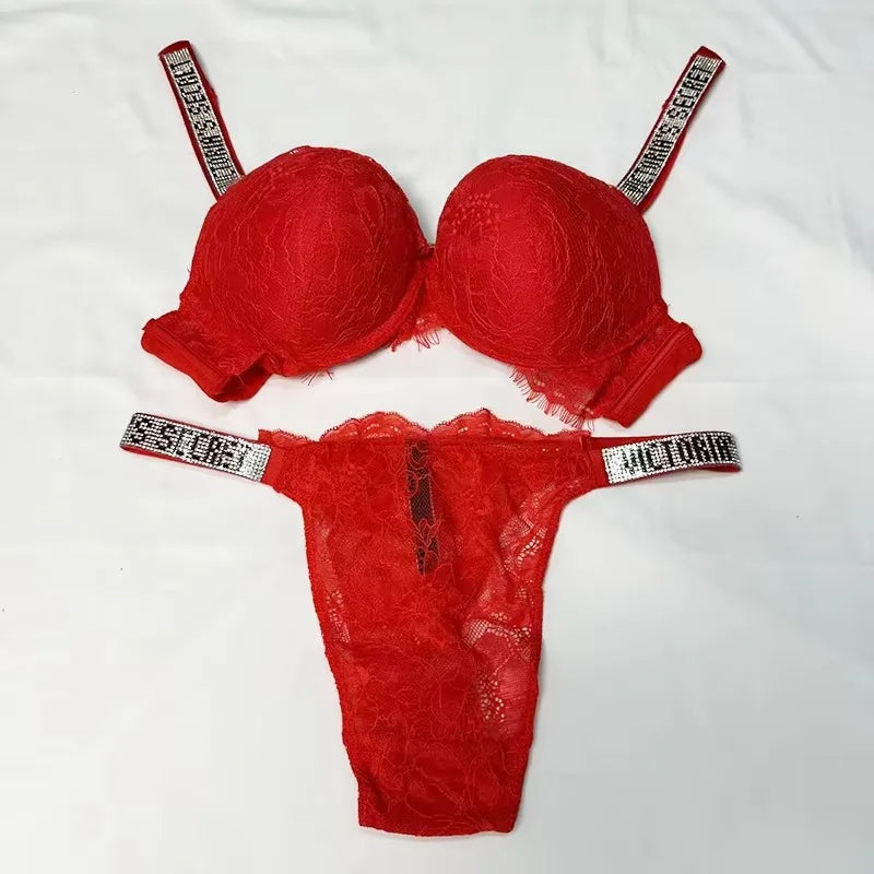 Vibrant Crimson Contour Bra and Thong Set with Crystal-Embellished Straps