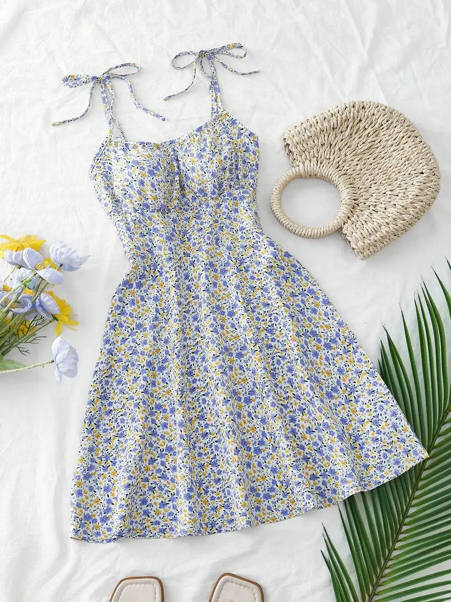 Floral Print Tie Strap A-Line Mini Dress with Lightweight Summer Silhouette