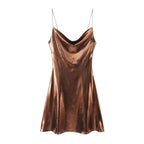Metallic Finish Spaghetti Strap Mini Dress with Draped Cowl Neckline