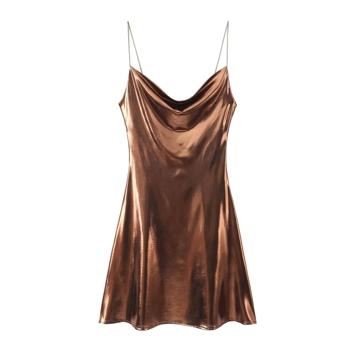 Metallic Finish Spaghetti Strap Mini Dress with Draped Cowl Neckline