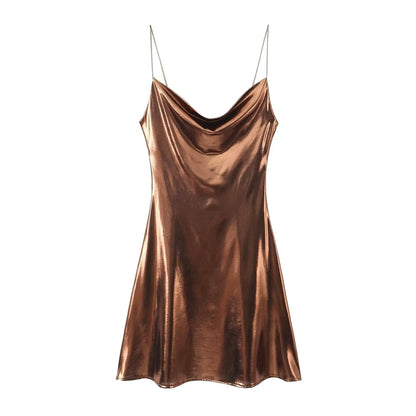Metallic Finish Spaghetti Strap Mini Dress with Draped Cowl Neckline