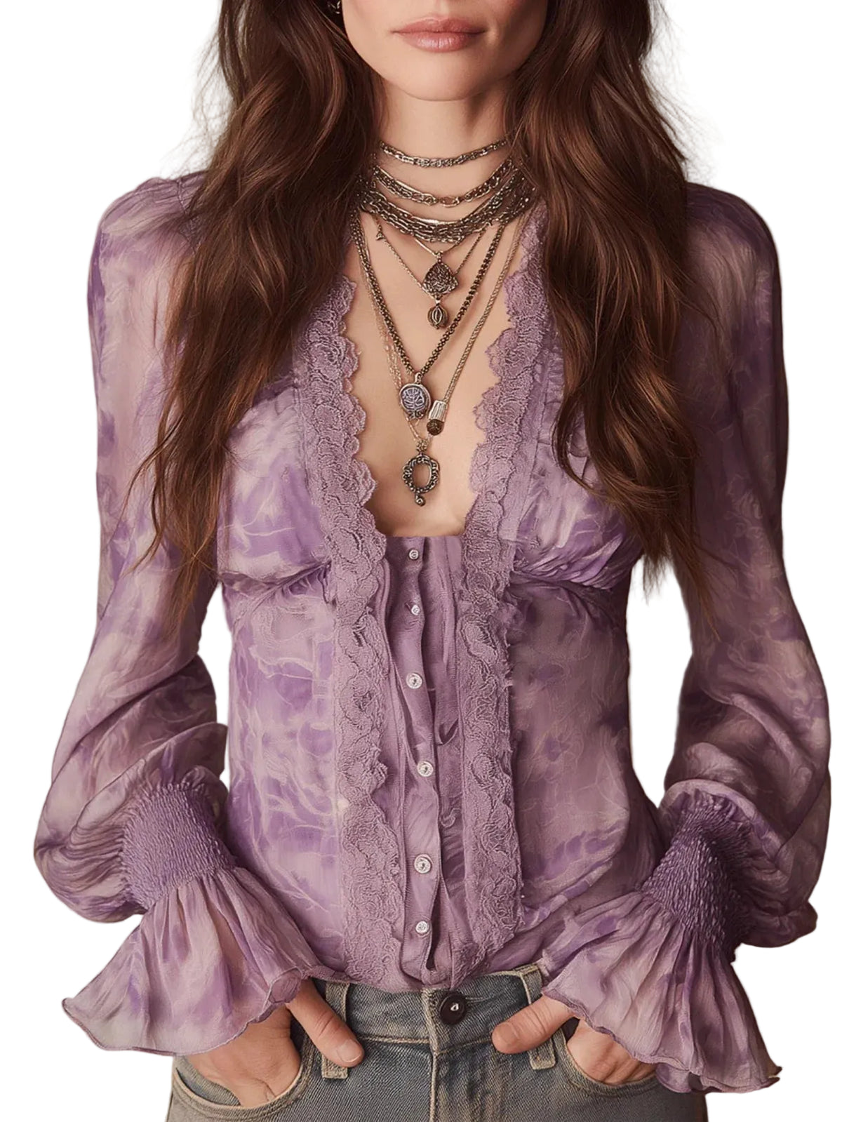 Romantic Purple Tie-Dye Blouse with Smocked Flare Cuffs and Lace Trim