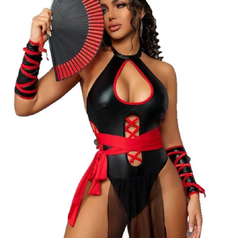 Glossy Black Faux Leather Warrior Bodysuit with Red Lace-Up Details and Draped Sash
