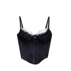 Vintage-Inspired Black Overbust Corset with White Ruffled Lace Trim