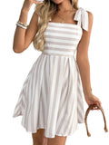 Tie Shoulder Striped A-Line Mini Dress with Square Neck Design