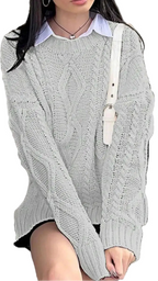 Women's Cable Knit Crew Neck Sweater with Relaxed Long Sleeve Silhouette