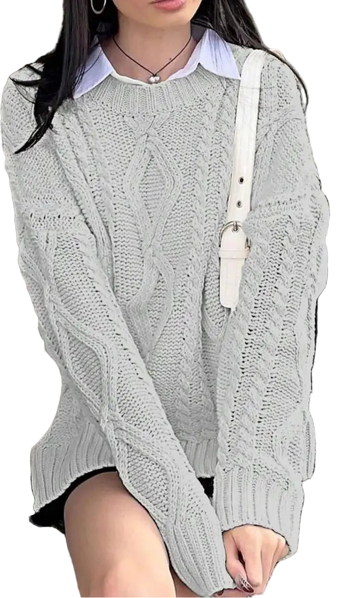 Women's Cable Knit Crew Neck Sweater with Relaxed Long Sleeve Silhouette