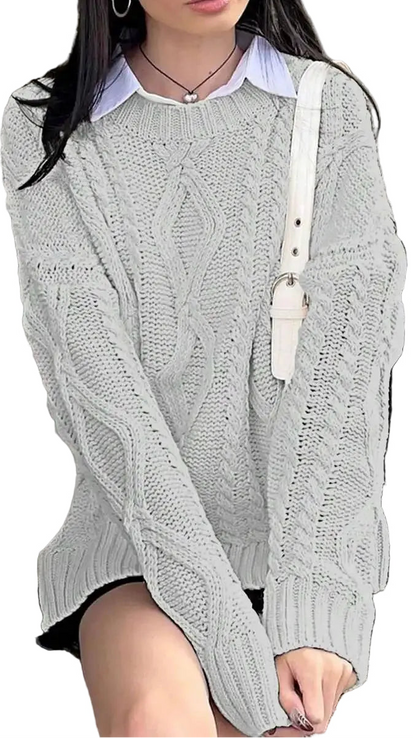 Women's Cable Knit Crew Neck Sweater with Relaxed Long Sleeve Silhouette