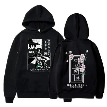 Dark Anime Streetwear Hoodie with Manga-Inspired Floral Panel Artwork