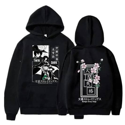 Dark Anime Streetwear Hoodie with Manga-Inspired Floral Panel Artwork