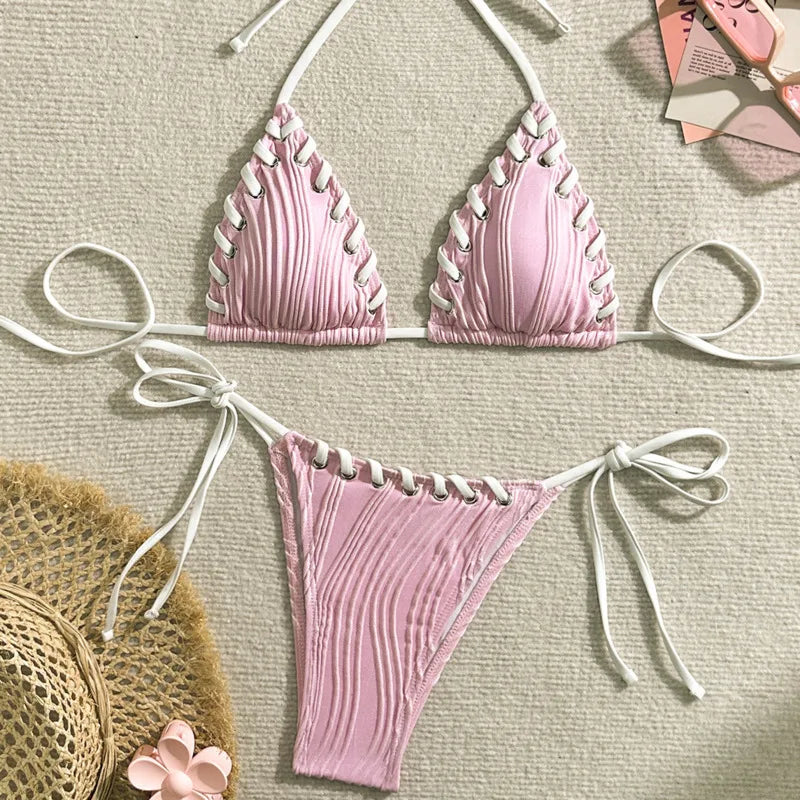 Textured Cream String Bikini with Braided Contrast Border Trim
