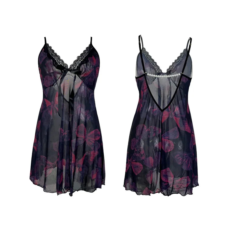 Sheer Butterfly Print Mesh Babydoll with Plunging Neckline and Open Back