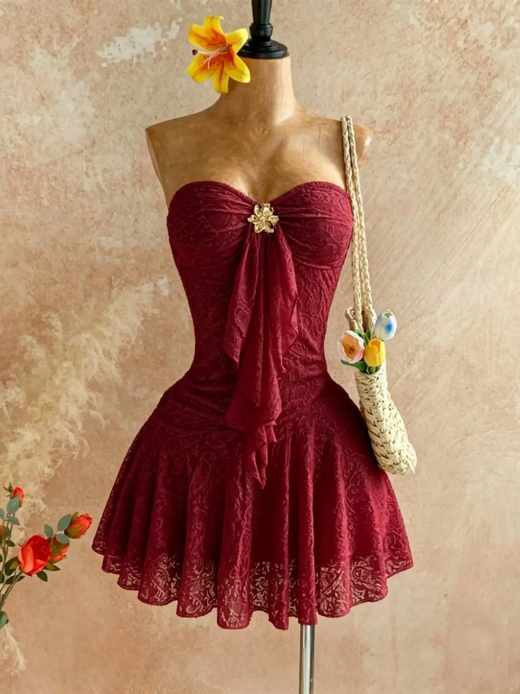 Pink Strapless Lace Mini Night Dress with Sweetheart Neckline, Front Ruffle and Floral Brooch Detail, Flared Skirt Silhouette