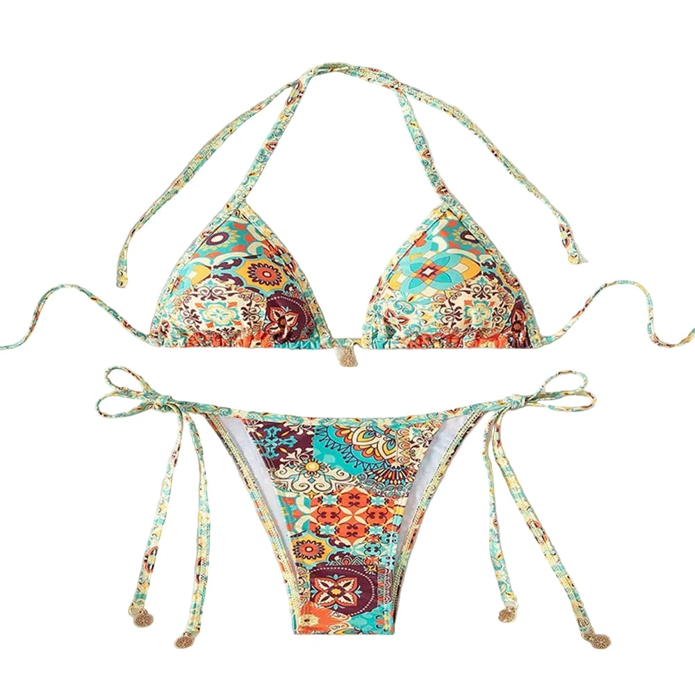 Bohemian Paisley Print String Bikini with Beaded Tie Details