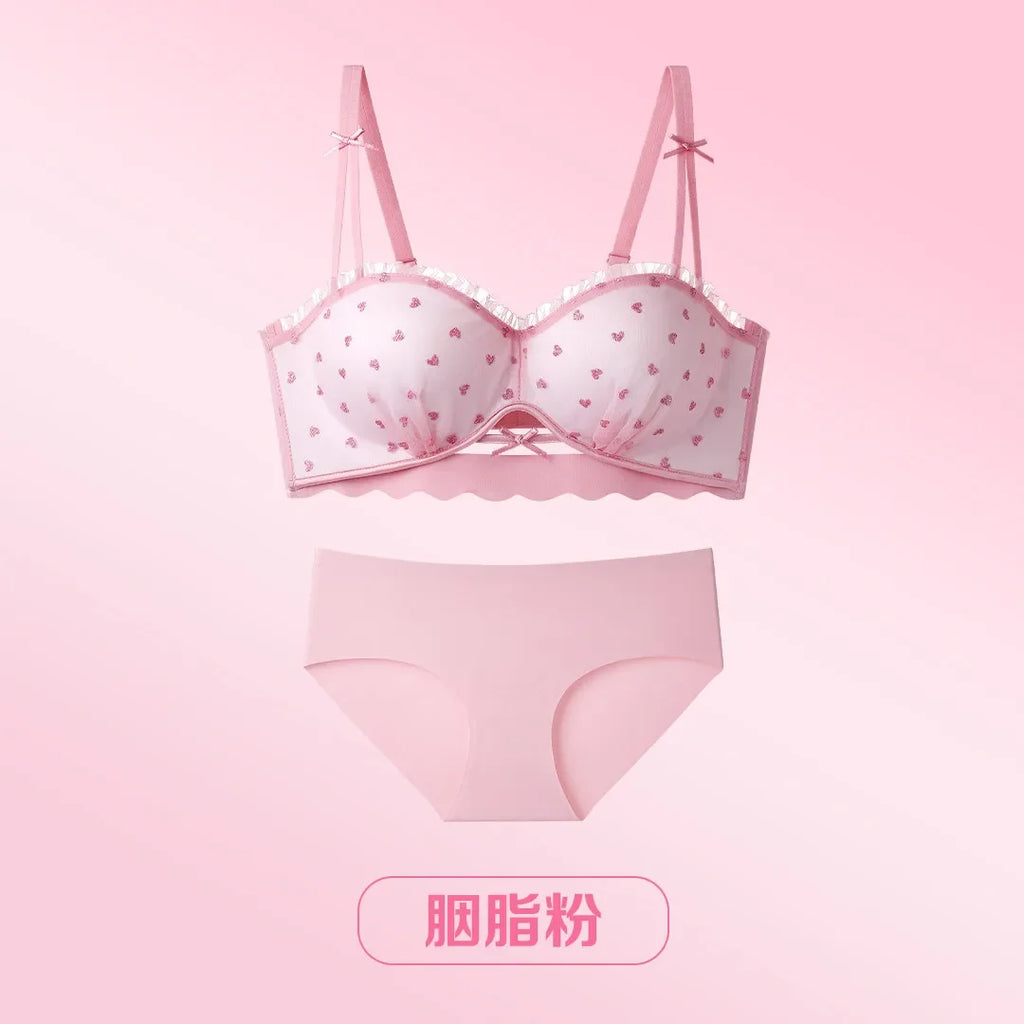 Sweet Polka Dot Demi Bra with Scalloped Edging and Contrast Strap Panty Set