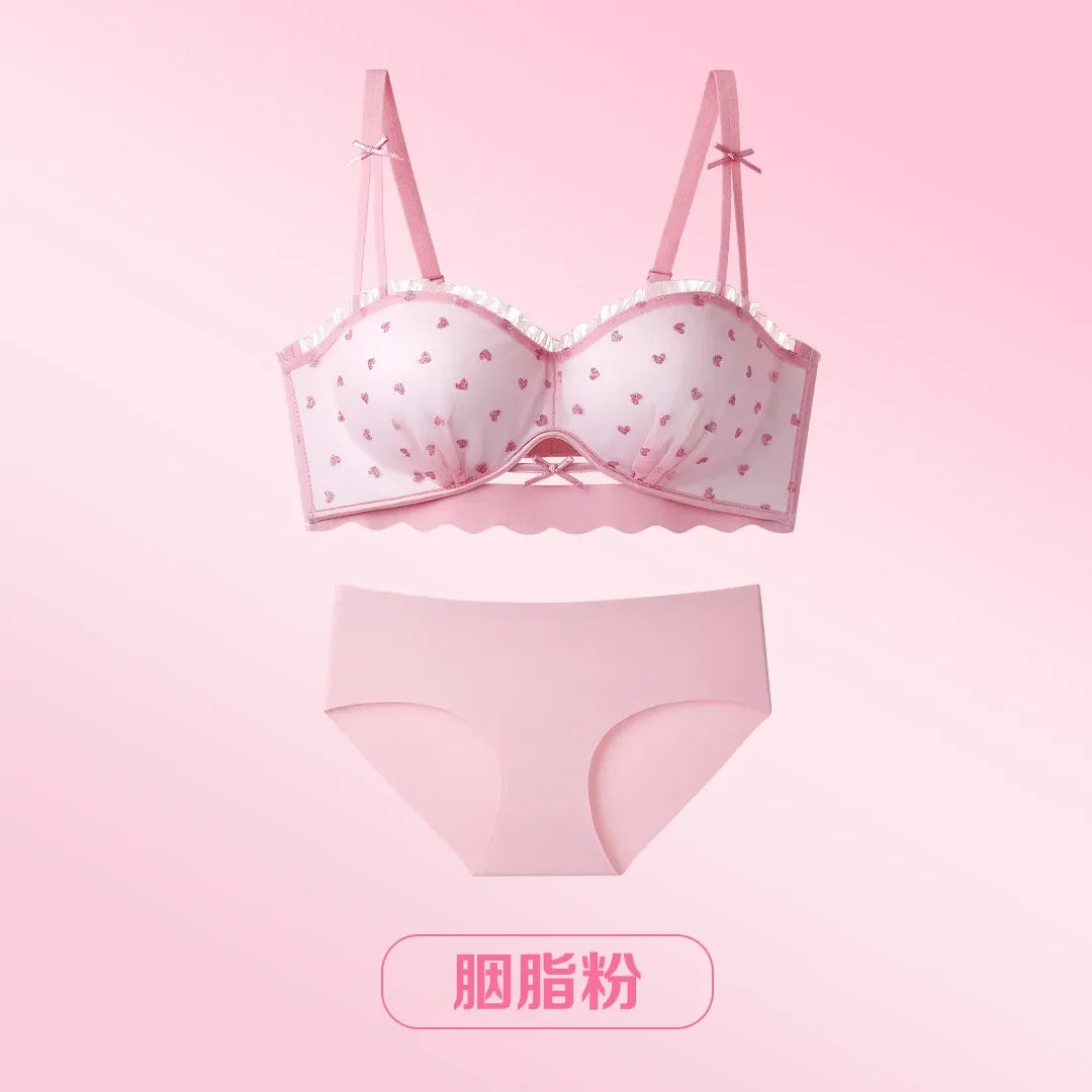 Sweet Polka Dot Demi Bra with Scalloped Edging and Contrast Strap Panty Set