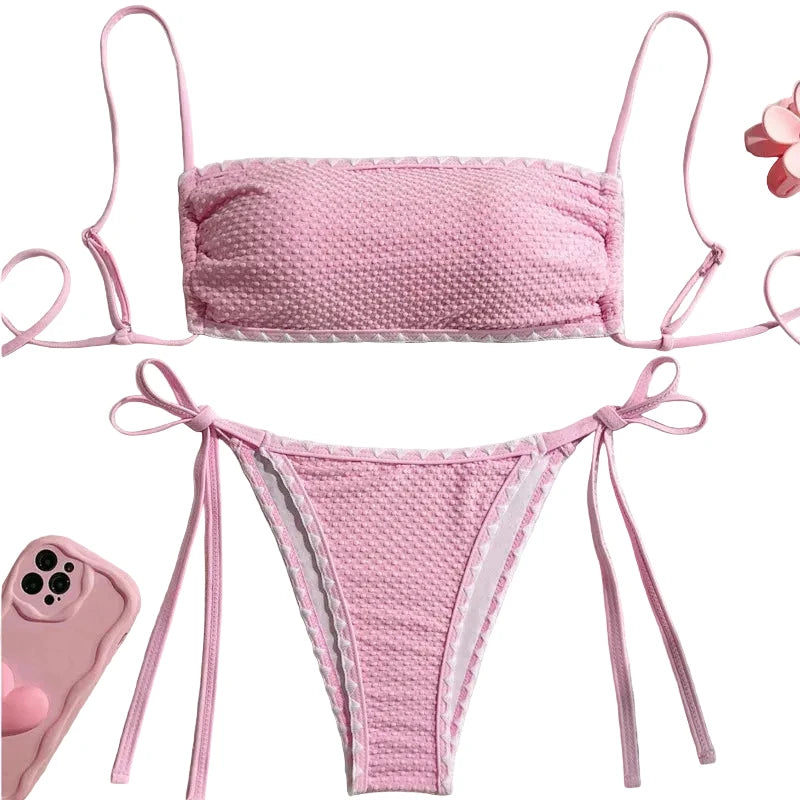 Textured Pink Bandeau String Bikini with Scalloped Ruffle Trim