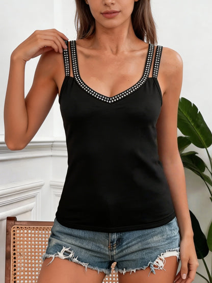Double Strap V-Neck Tank Top with Rhinestone Trim Slim Fit Streetwear Camisole Style