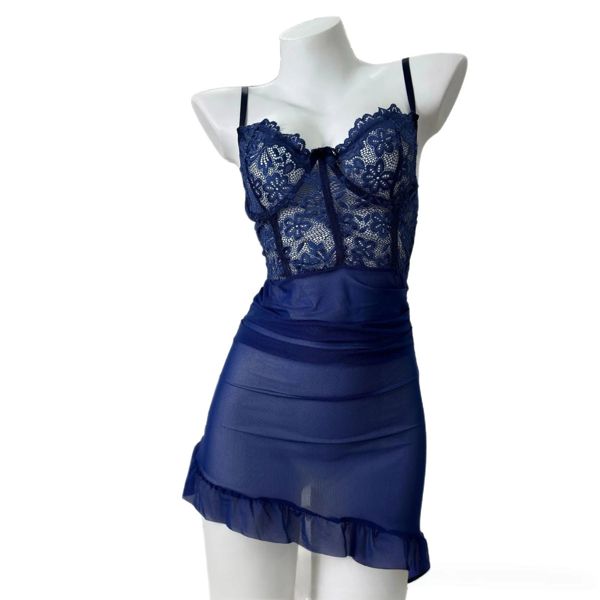 Deep Navy Corset-Style Sheer Mesh Chemise with Floral Lace Bodice