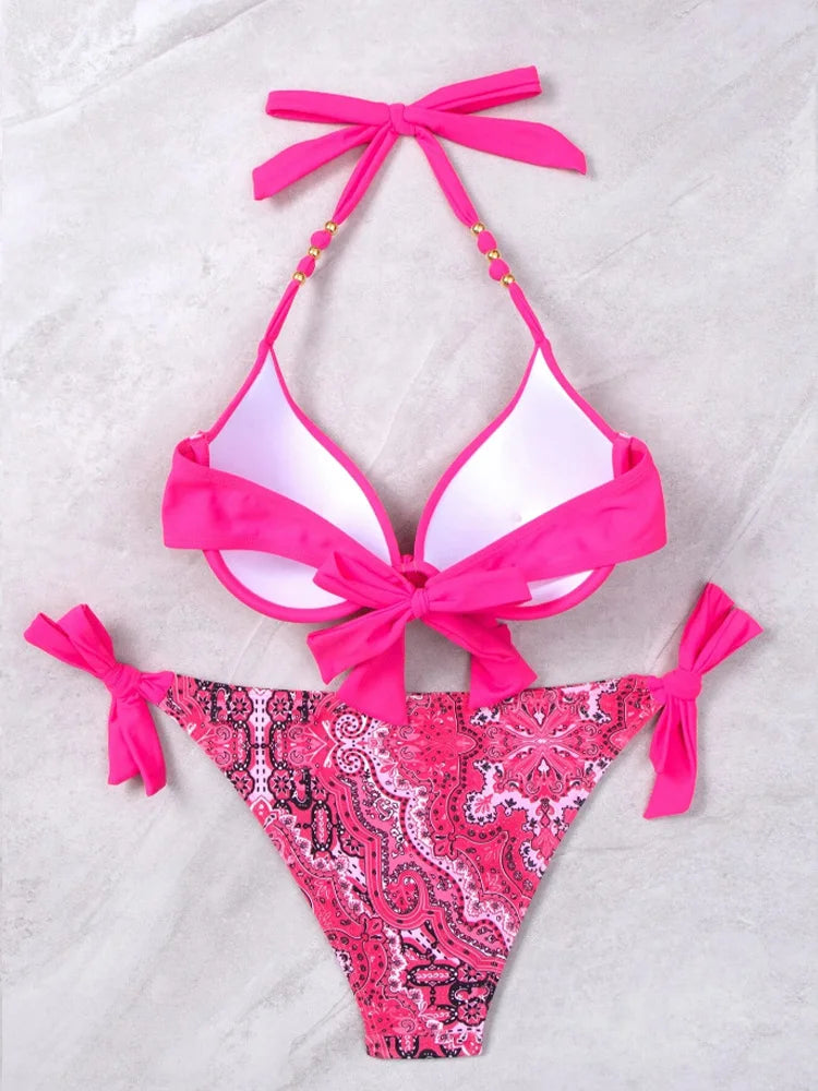 Neon Green Underwire Halter Bikini with Printed Side-Tie Bottom