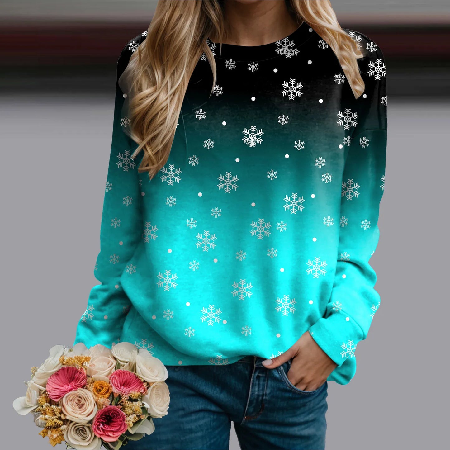 Women's Snowflake Pattern Crew Neck Sweatshirt for Cozy Seasonal Casual Everyday Style