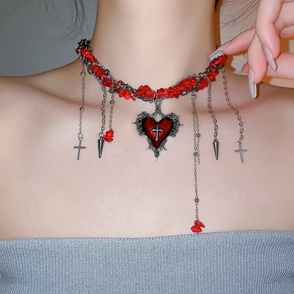Neo Gothic Heart Cross Choker Necklace With Layered Beaded Alternative Fashion Detailing