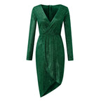 Sequin Texture Wrap Midi Dress with Long Sleeves and Side Slit