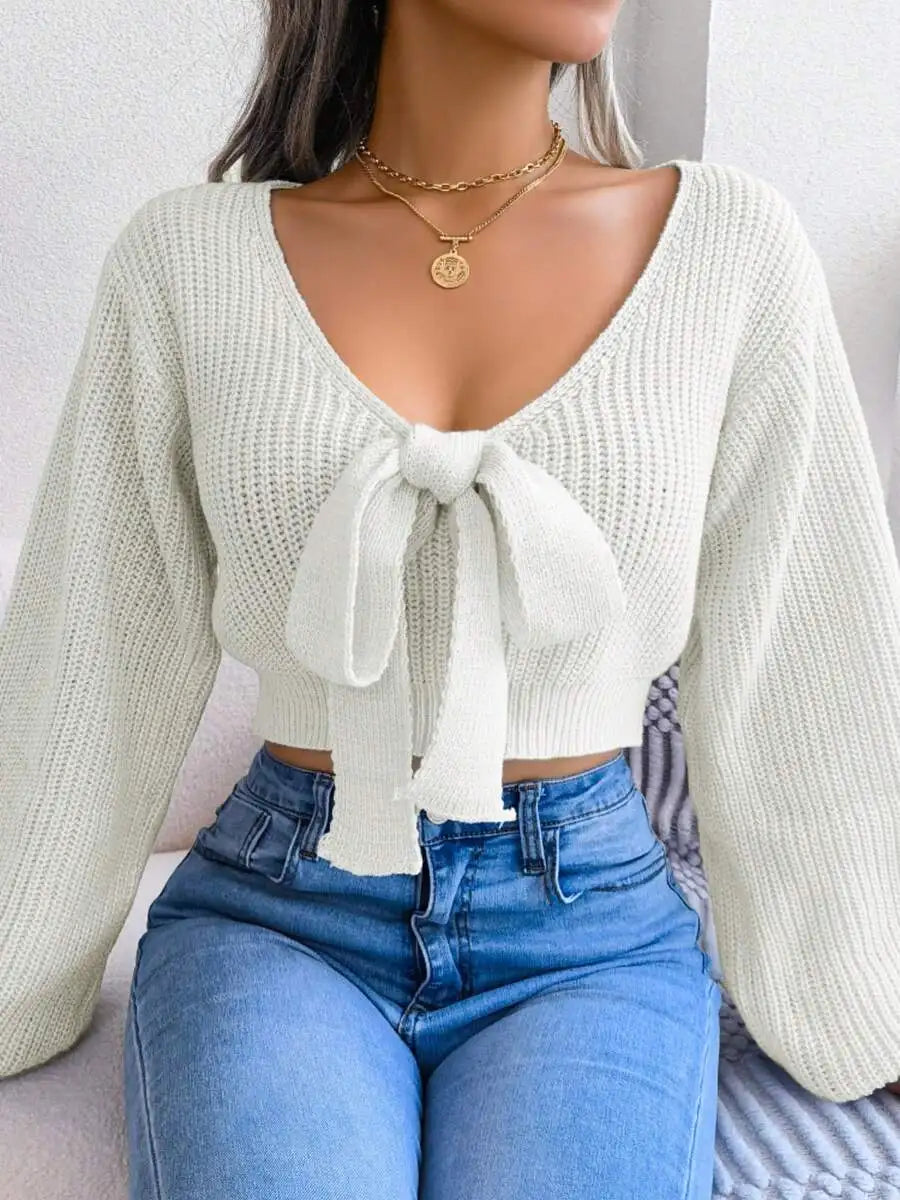 Women's V-Neck Bow Tie Front Cropped Knit Sweater With Relaxed Sleeves