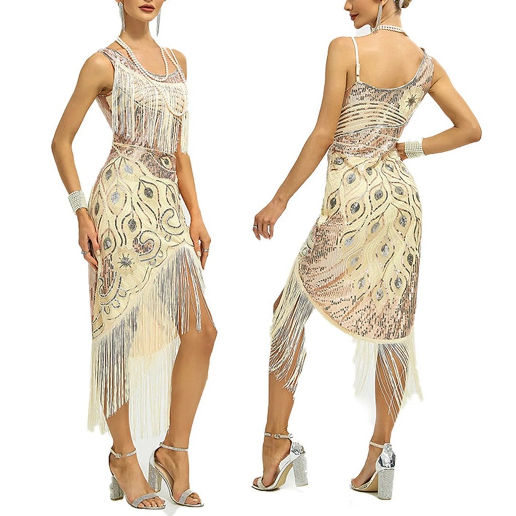1920s-Inspired Embellished Flapper Dress with Fringed Asymmetrical Hem