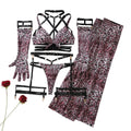 Wild Leopard Print Strappy Multi-Piece Boudoir Lingerie Ensemble with Opera Gloves and Garter Harness
