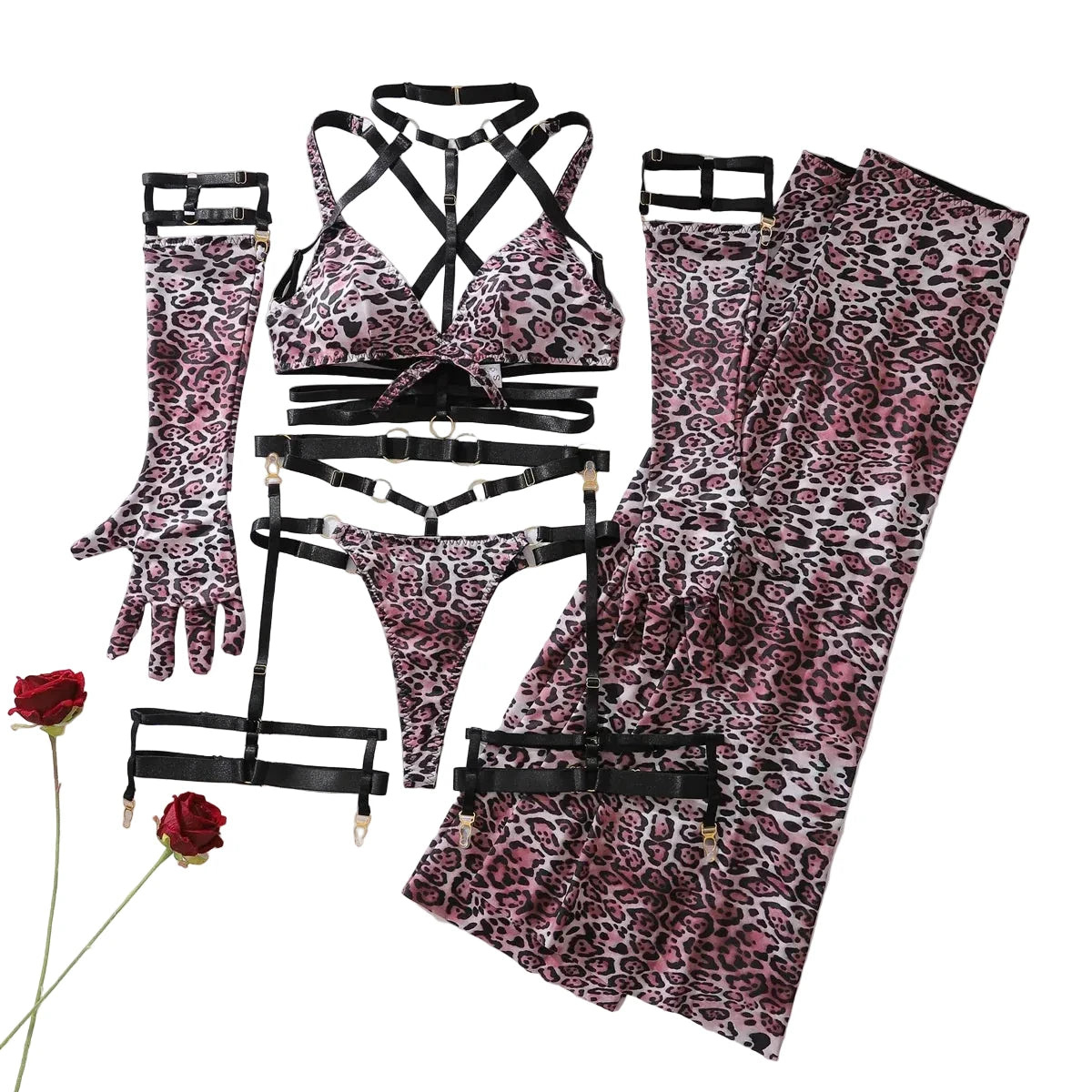 Wild Leopard Print Strappy Multi-Piece Boudoir Lingerie Ensemble with Opera Gloves and Garter Harness