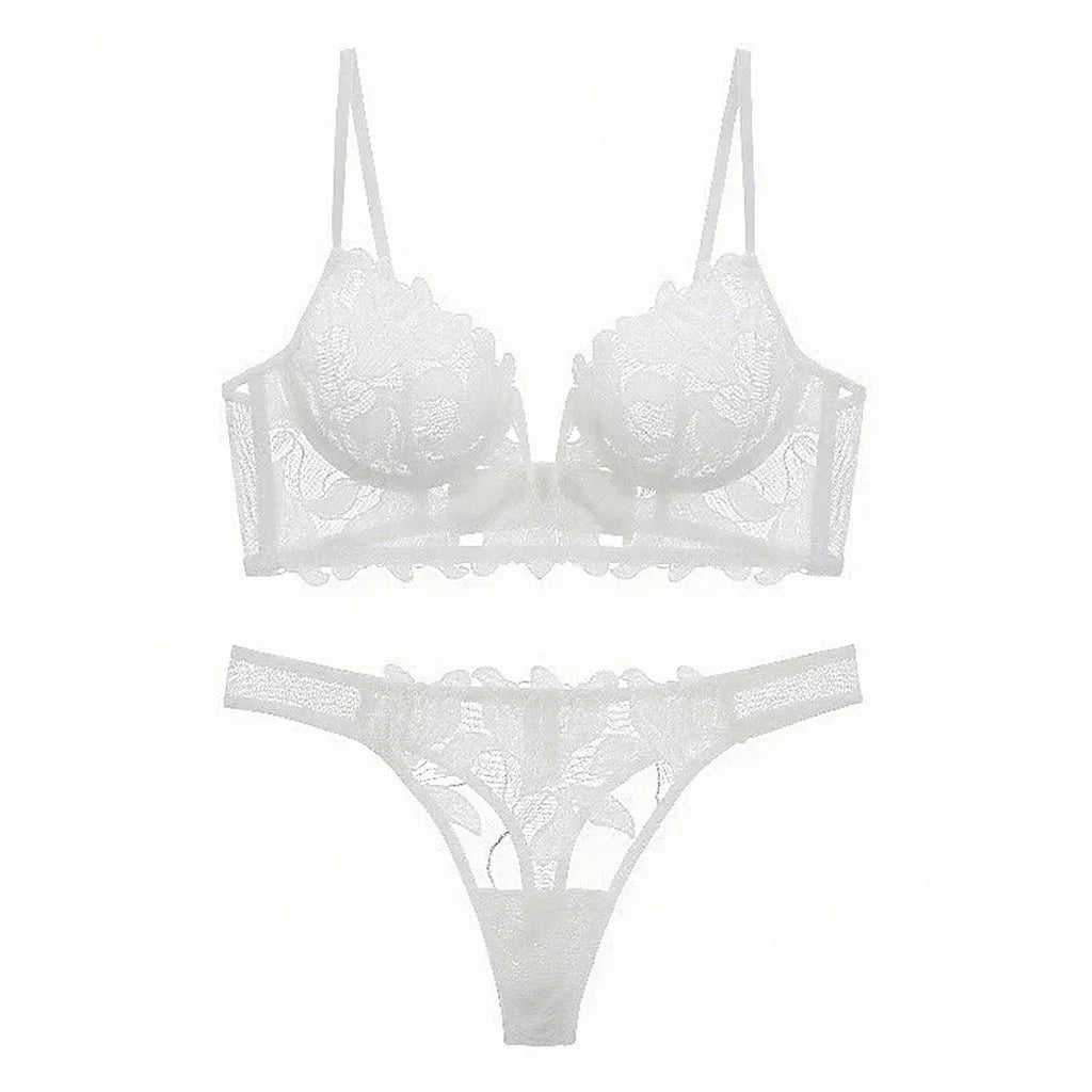 Midnight Black Sheer Floral Embroidered Unlined Bra and Thong Set