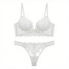 Midnight Black Sheer Floral Embroidered Unlined Bra and Thong Set
