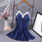 Elegant White Satin-Finish Slip Dress with Lace Appliqué and Removable Pads