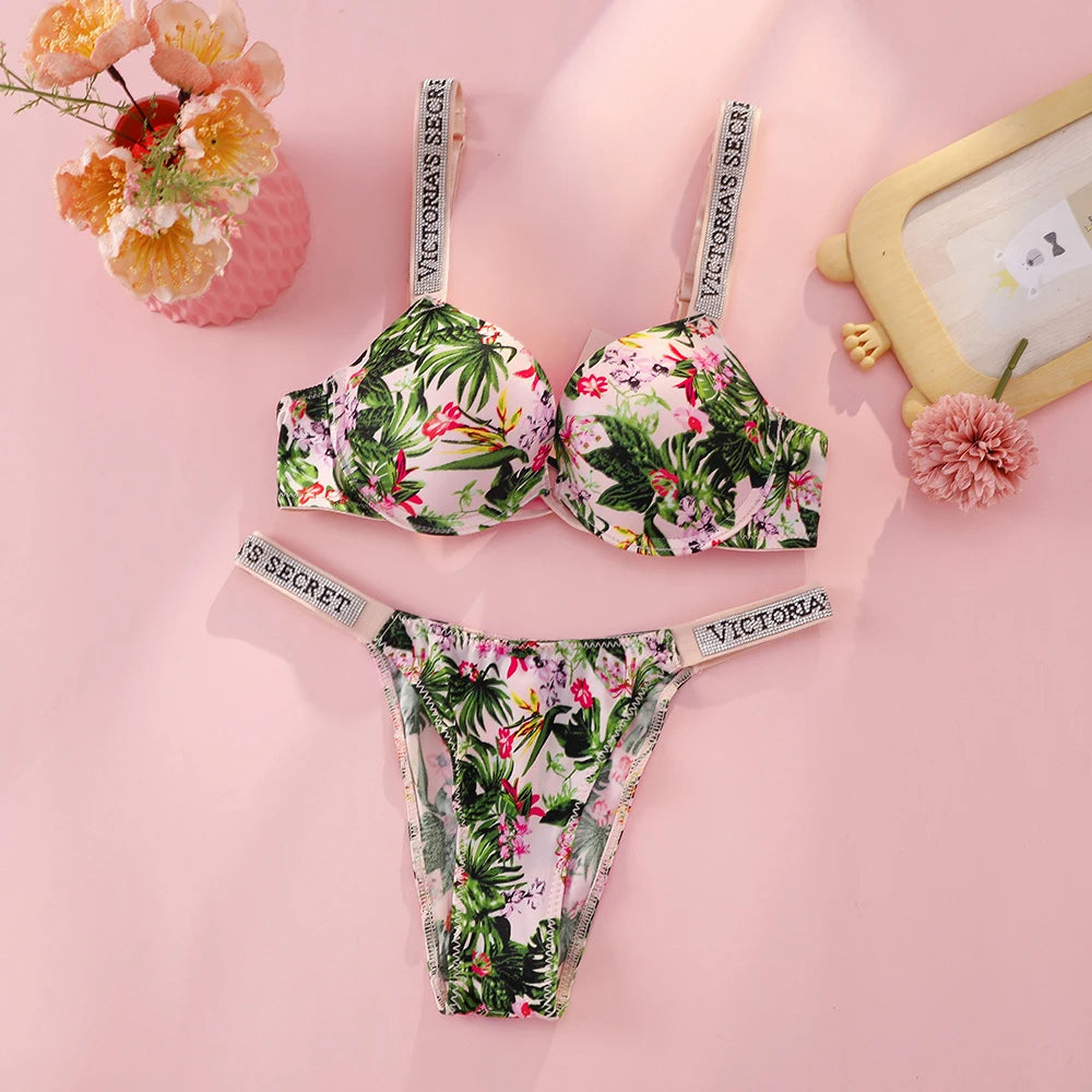 Tropical Botanical Print Push-Up Bra and Rhinestone Script Thong Set