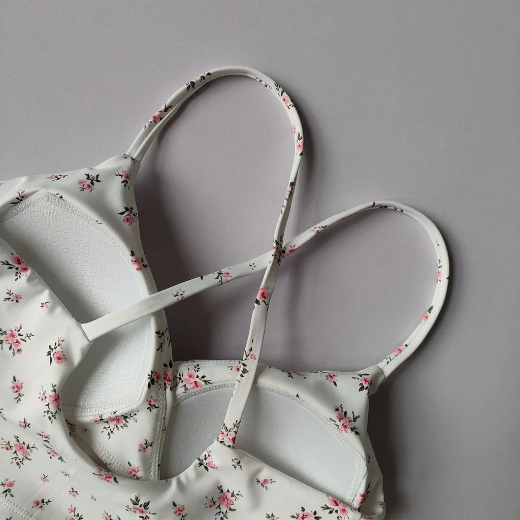 Playful Cherry Print Longline Sports Bra with Strappy Criss-Cross Back