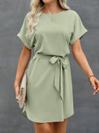 Batwing Sleeve Waist Tie Mini Dress with Relaxed A-Line Silhouette