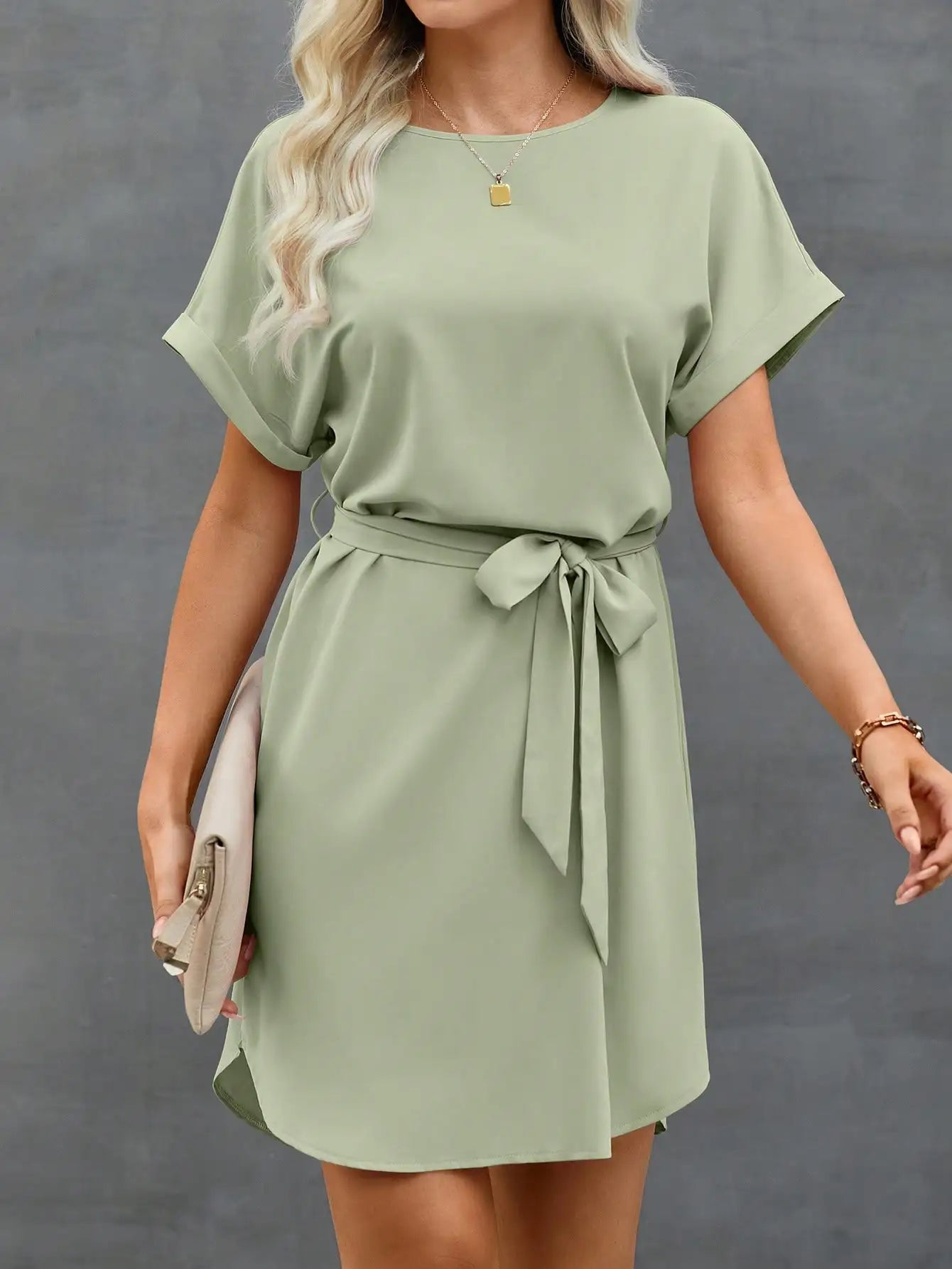Batwing Sleeve Waist Tie Mini Dress with Relaxed A-Line Silhouette