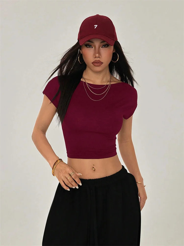Women's Backless Short Sleeve Crop T-Shirt for Modern Minimalist Streetwear Summer Fashion Style