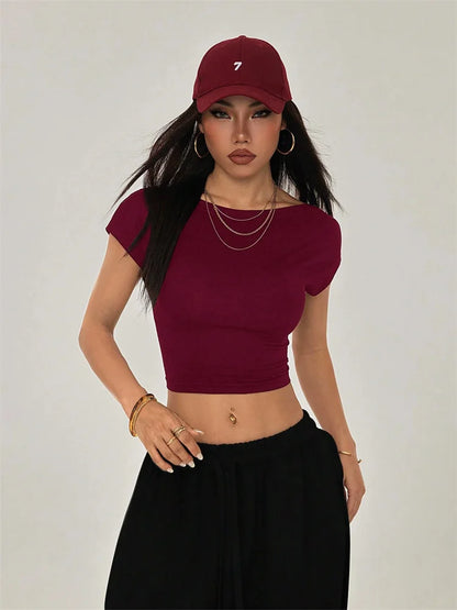 Women's Backless Short Sleeve Crop T-Shirt for Modern Minimalist Streetwear Summer Fashion Style