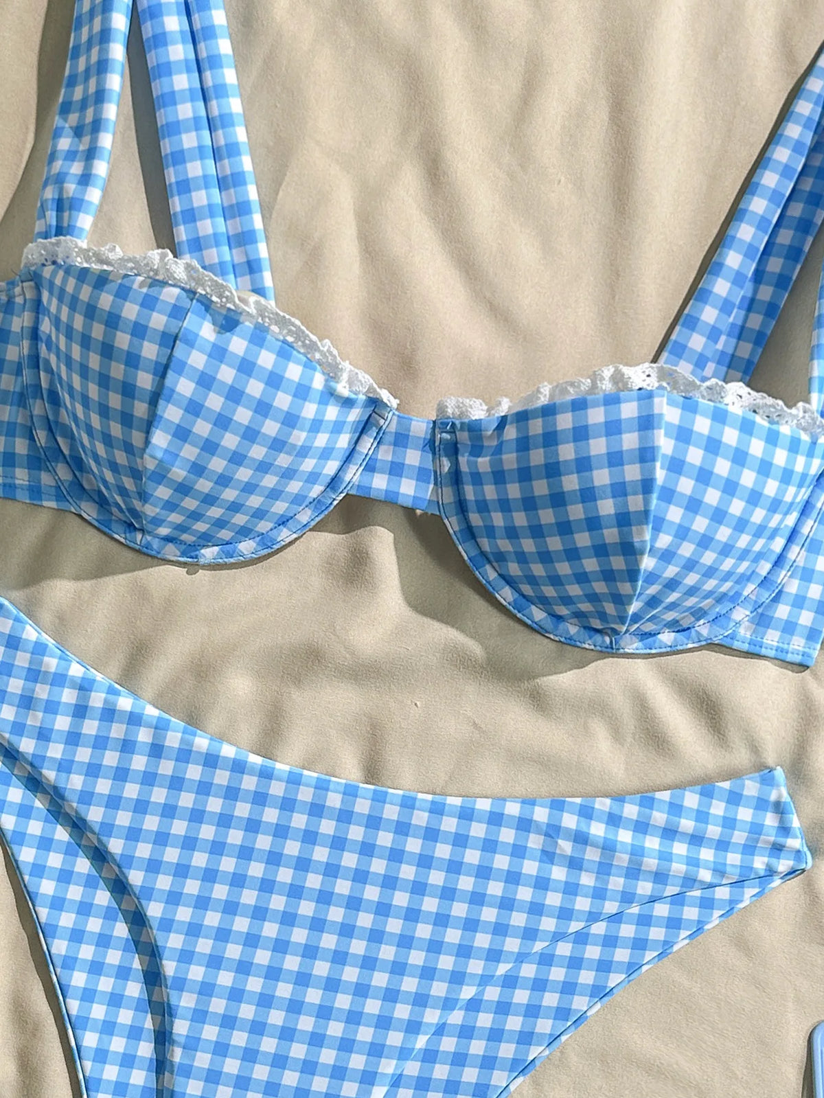 Blue Gingham Balconette Bikini Set with Wide Shoulder Straps