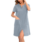 Women's Lightweight Zipper-Front Robe, Short-Sleeve Knee-Length Bathrobe with Pockets, Soft Casual Homewear and Sleepwear