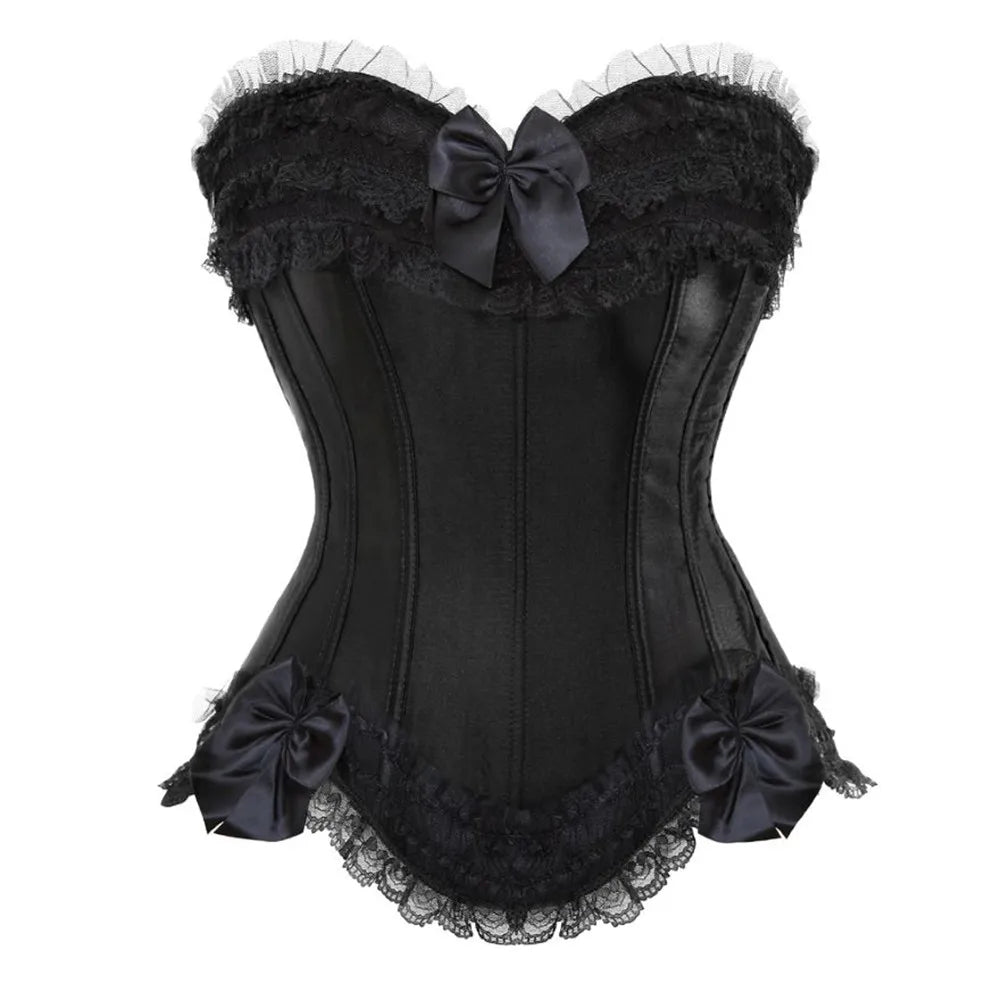 Playful Pink Satin Overbust Corset with Lace Trim and Delicate Bow Accents