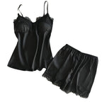 Sleek Satin-Finish Black Camisole and Shorts Sleep Set with Delicate Lace Trim