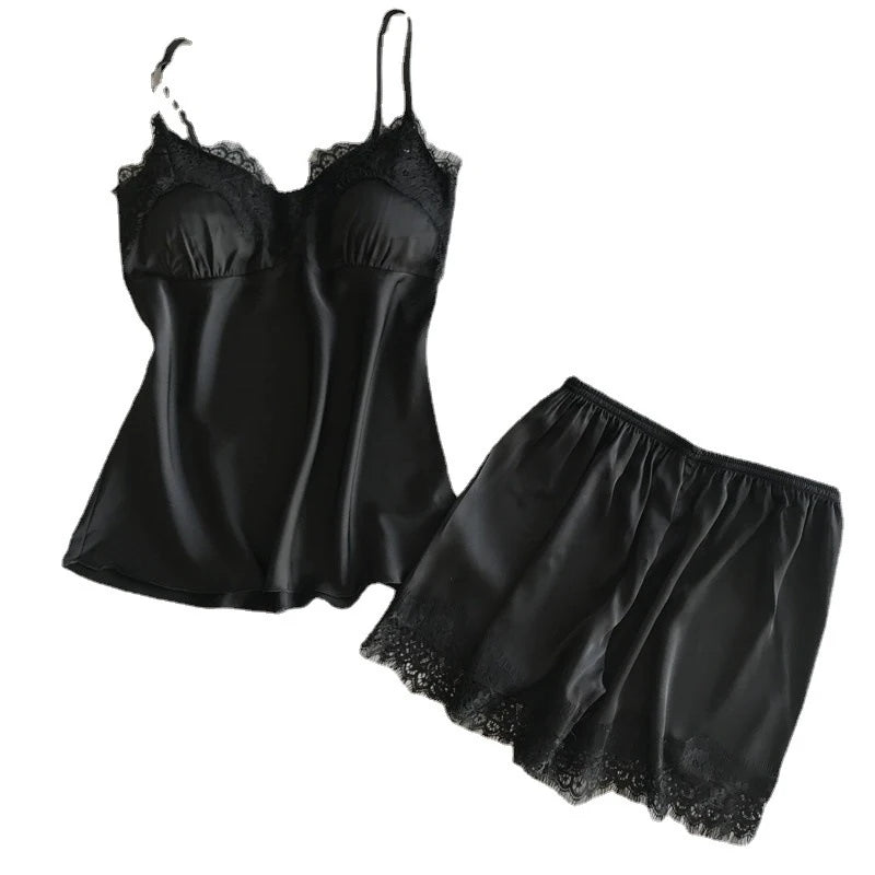 Sleek Satin-Finish Black Camisole and Shorts Sleep Set with Delicate Lace Trim