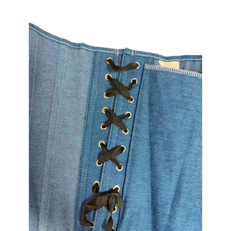 Blue Denim Strapless Corset Top with Front Zipper and Sweetheart Neckline