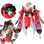 Elaborate Floral Kimono-Style Cosplay Costume with Fox Mask and Flowing Sleeves