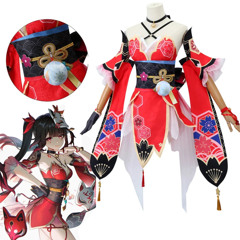 Elaborate Floral Kimono-Style Cosplay Costume with Fox Mask and Flowing Sleeves