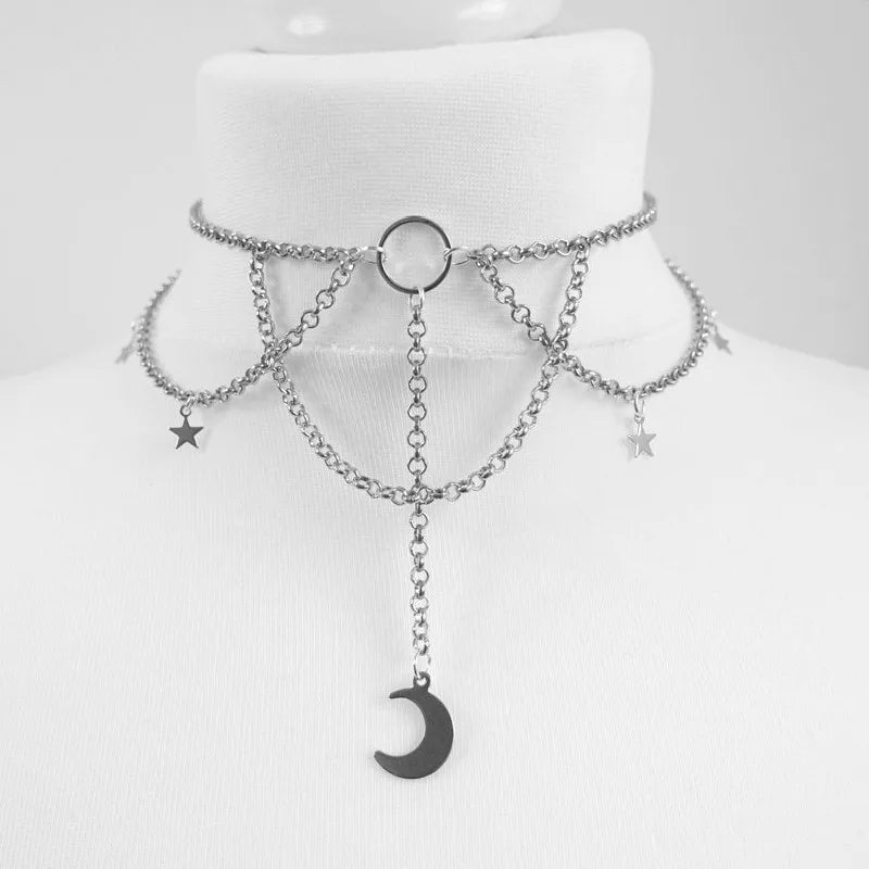 Crescent Moon Tattoo Choker for Witchy Gothic Alternative Fashion Styling
